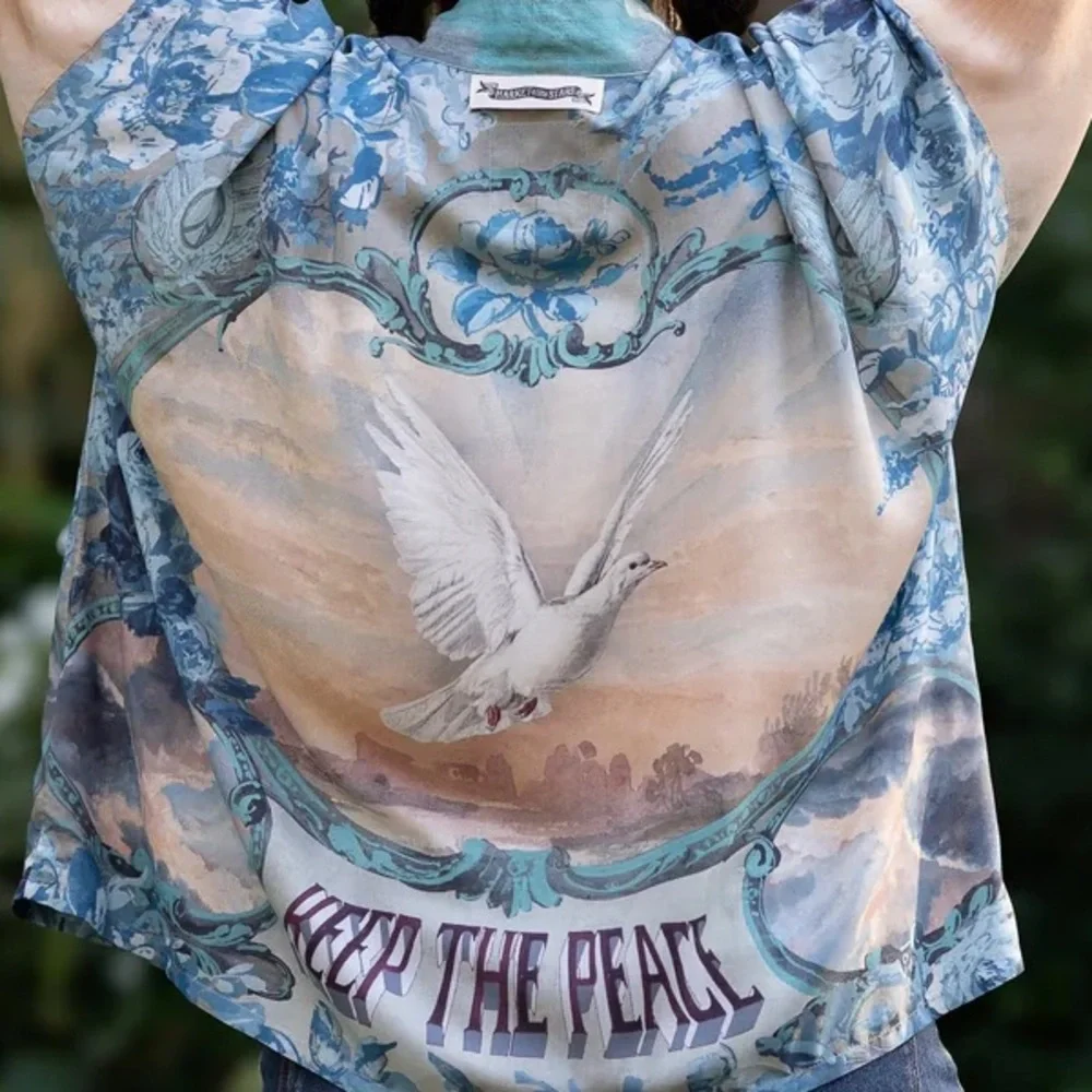 ⭐️Market of Stars⭐️ PEACE OUT Vintage  Art Lightweight Flowy Summer Cardigan - Picture 15 of 16